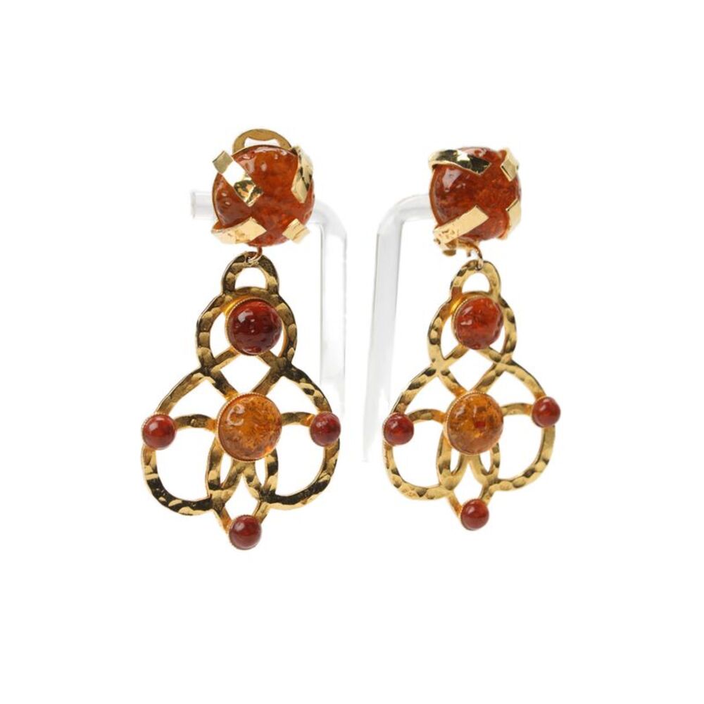 Dominique Aurientis Womens Gold Tone Orange Gripoix ClipOn Dangle Earrings